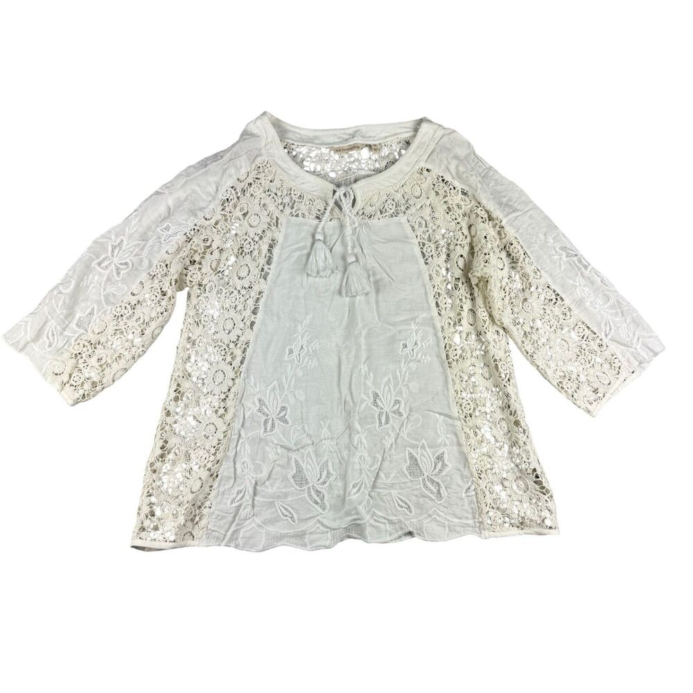 Soft Surroundings Top Womens Extra Small White Crochet Lace Scalloped 3/4 Sleeve